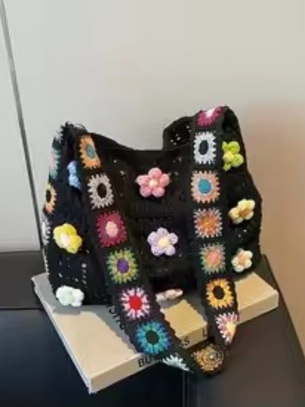 Crochet Flower Tote, Granny Square Shoulder Bag, Boho Knit Handbag, Color Black